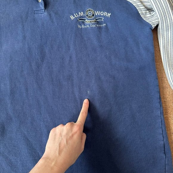 Vintage B.U.M. Equipment Blue Polo Shirt Striped Sleeves Embroidered Logo -L - Picture 2 of 9